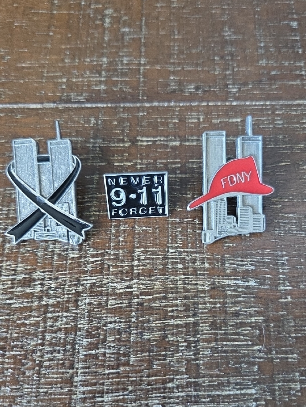 Set of 3 September 11th Never Forget Pins, Twin Towers W/Fire Helmet & Ribbon